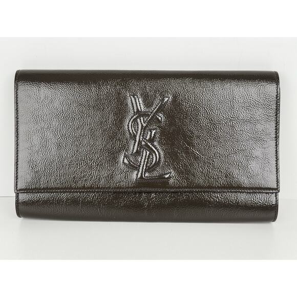 Saint Laurent Belle De Jour Patent Leather Flap Clutch Khaki w Gold Hardware C-6 - Picture 2 of 16